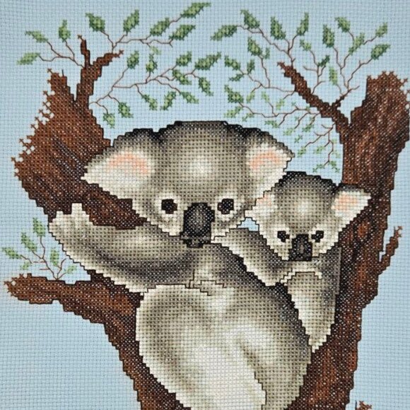 Handmade Koala Cross Stitch Wall Art – Mama and Baby Koala Embroidery on Blue Ai - Picture 2 of 4